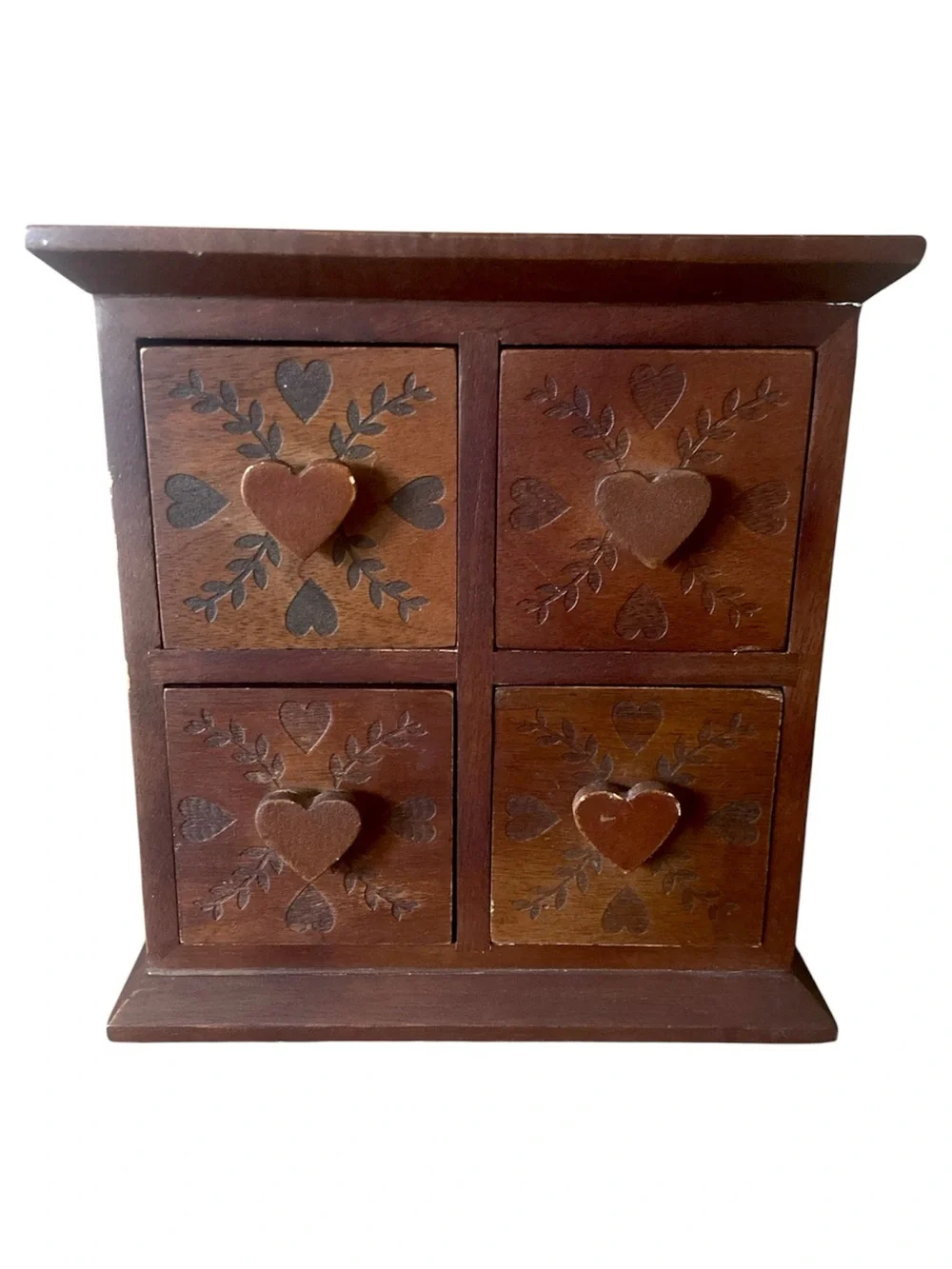 Vintage Solid Wood 4 Drawer Trinket Chest Herb Drawer Hand Carved Heart Folk Art